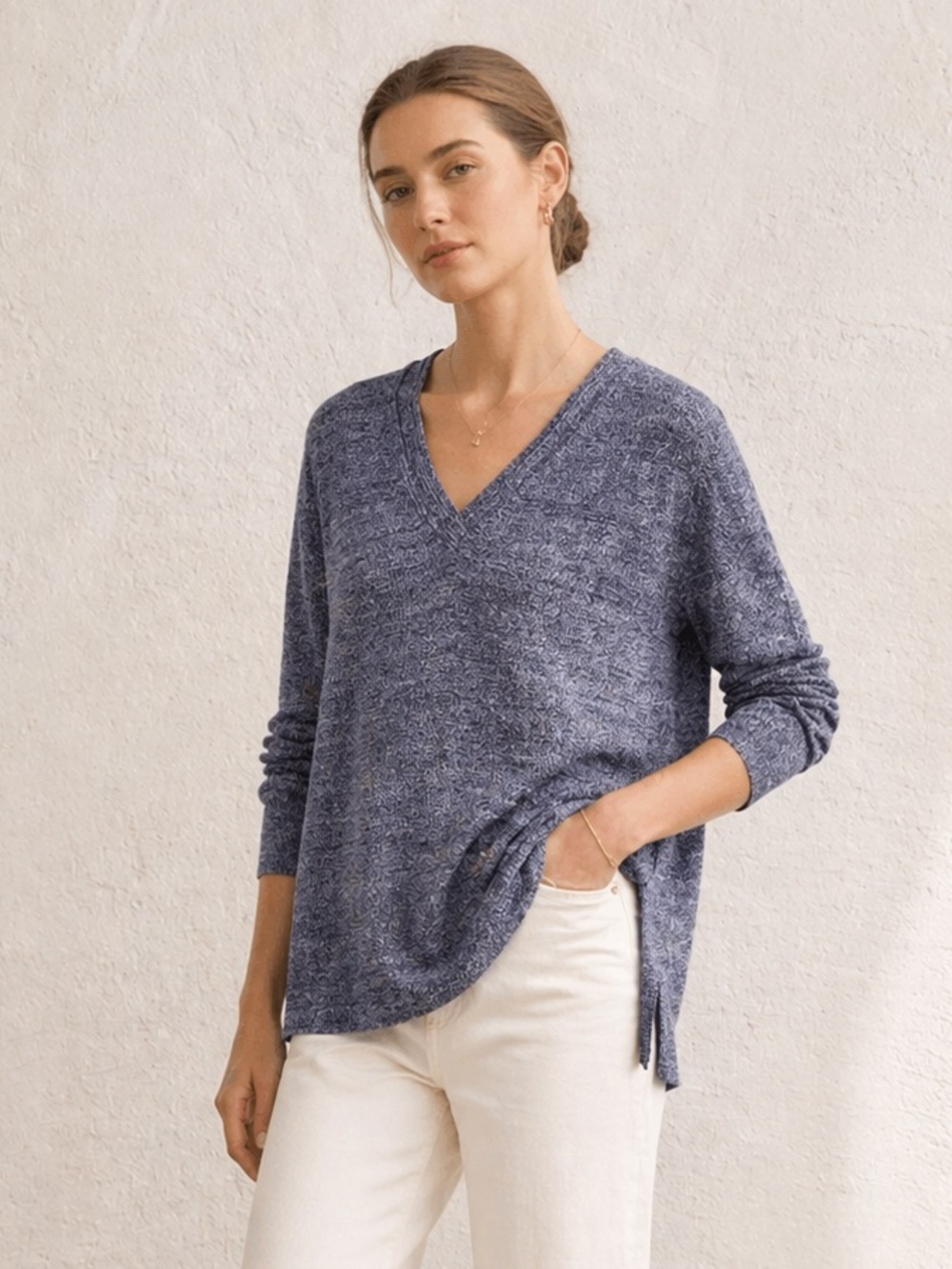 J.Crew Merino Linen Double V Neck Sweater Blue Slit Relaxed Small